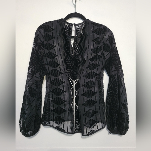 Yoana Baraschi Mesh Sheer Burnout Velvet Blouse Size XS Black - Picture 2 of 8